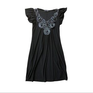 Embellished Black Mini Dress with Flutter Sleeves